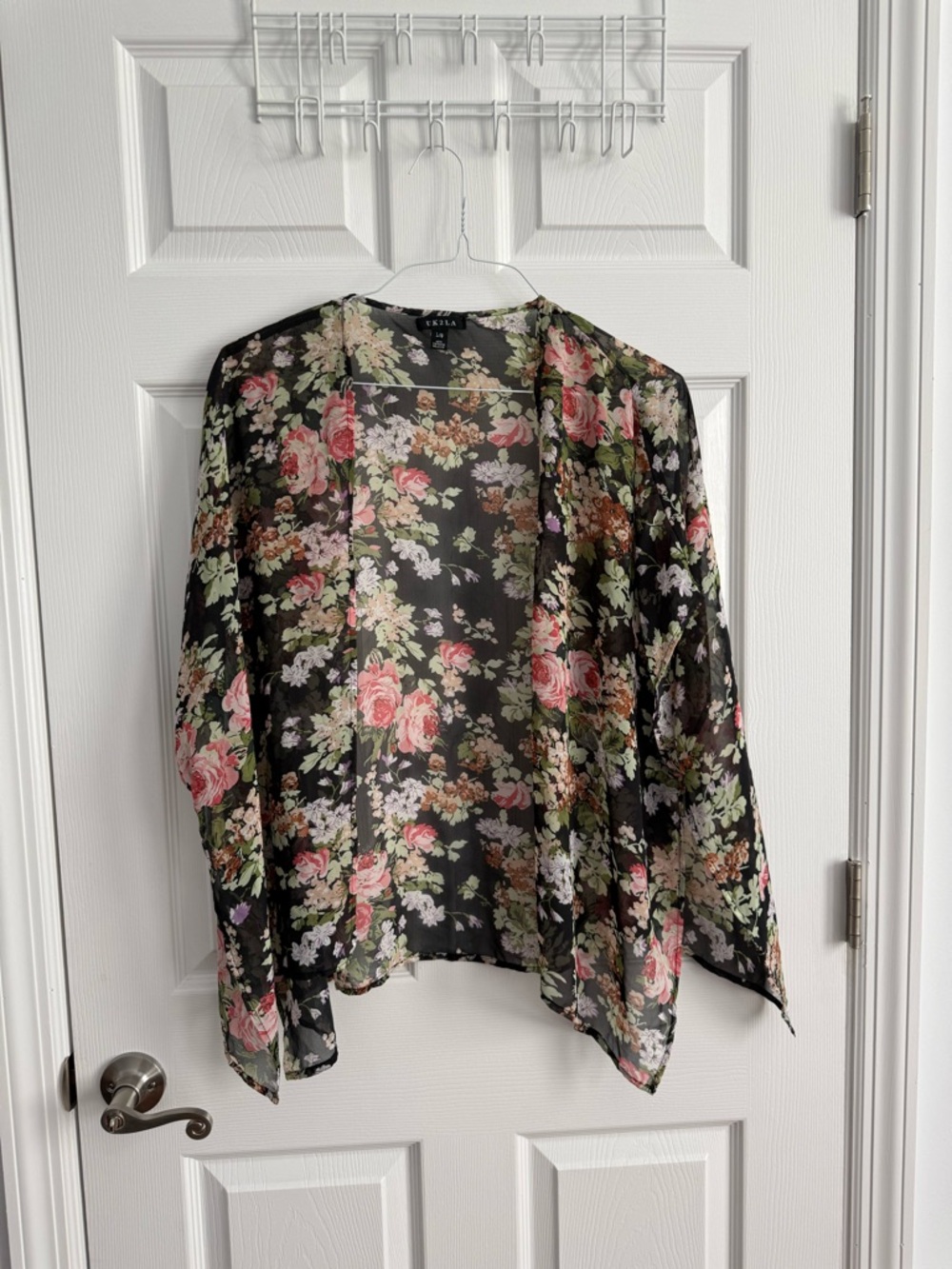 UK2LA Black Floral Sheer Kimono with Pink and Green Accents